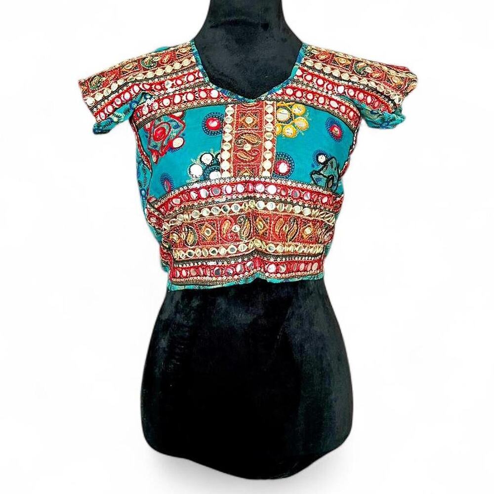 Vintage Fitted Teal Embroidered Top – boho mirror crop XXS